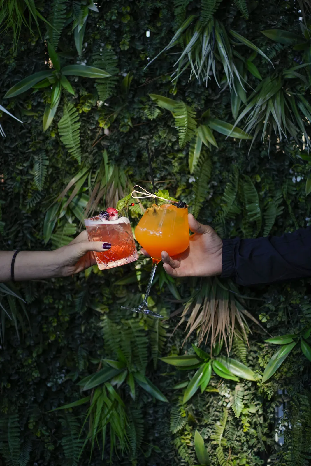 Δύο χέρια τσουγκρίζουν cocktails μπροστά στον πράσινο τοίχο